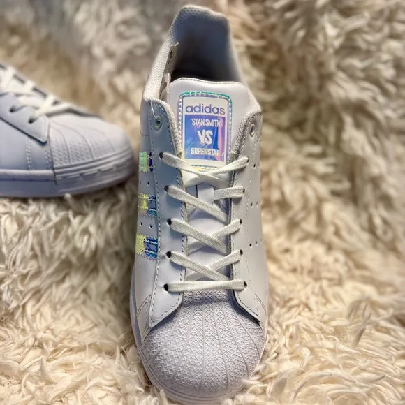 Adidas Stan Smith VS Superstar Shoes Big Kid Size 6/Women 7.5, White/Iridescent