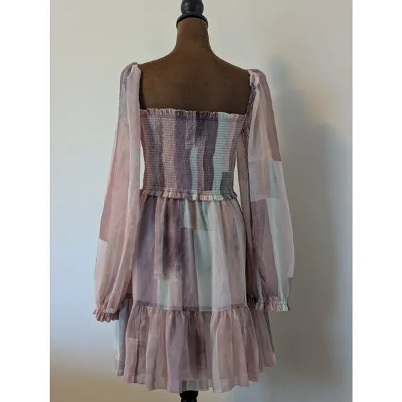 Aritzia Wilfred Tempest Chiffon Semi Sheer Smocked Mini Dress in Pastel Print M