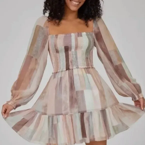 Aritzia Wilfred Tempest Chiffon Semi Sheer Smocked Mini Dress in Pastel Print M