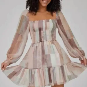Aritzia Wilfred Tempest Chiffon Semi Sheer Smocked Mini Dress in Pastel Print M