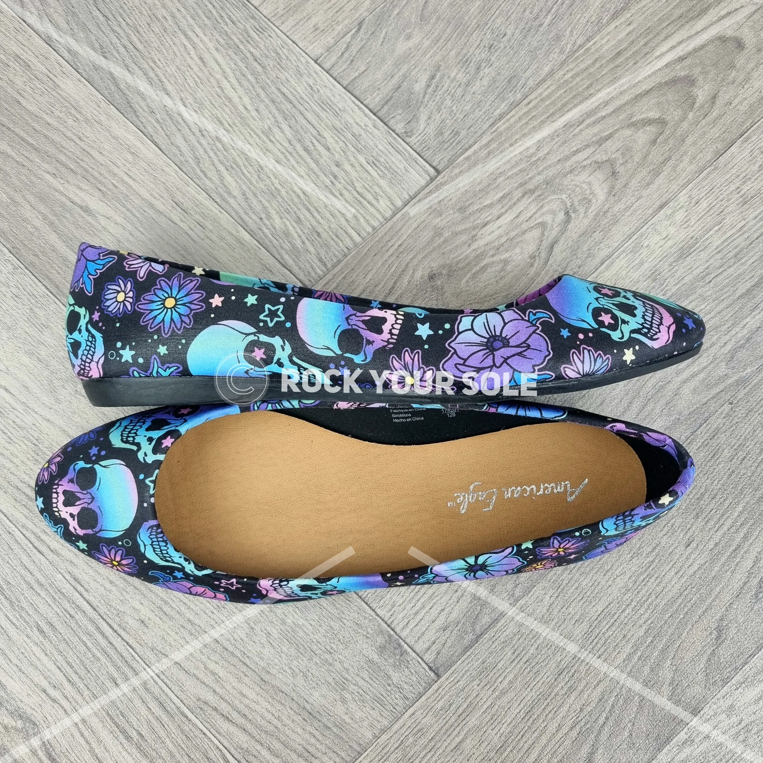 Blue Floral Skulls women dolly pumps