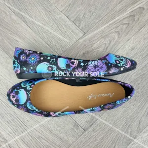 Blue Floral Skulls women dolly pumps