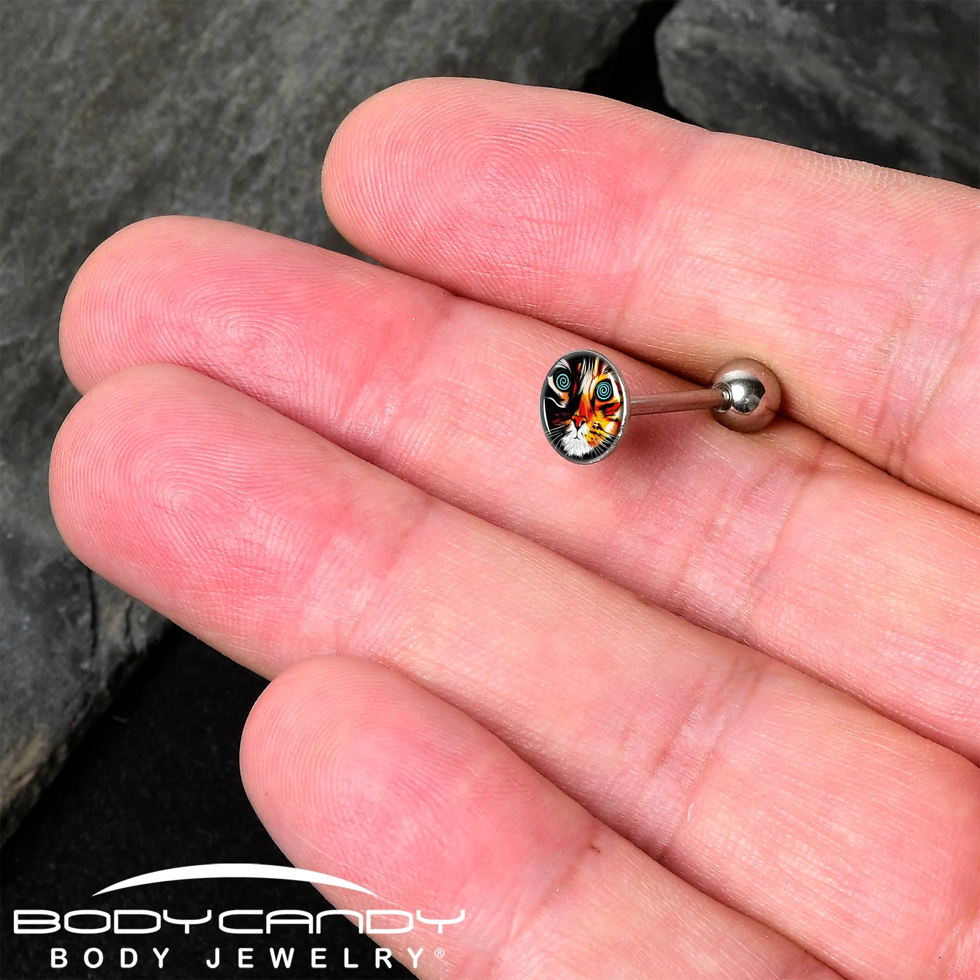 Colorful Trippy Cat Barbell Tongue Ring