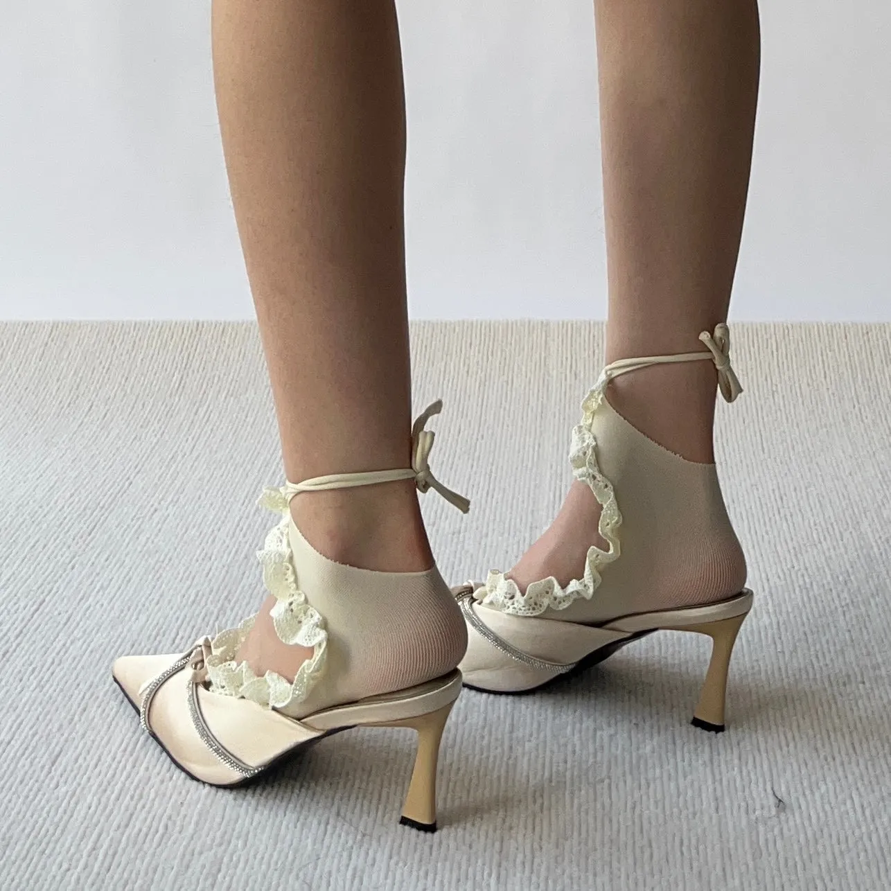 Cream Ballet Inspired Lace Up Socks