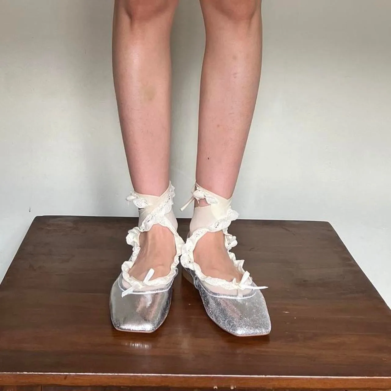 Cream Ballet Inspired Lace Up Socks