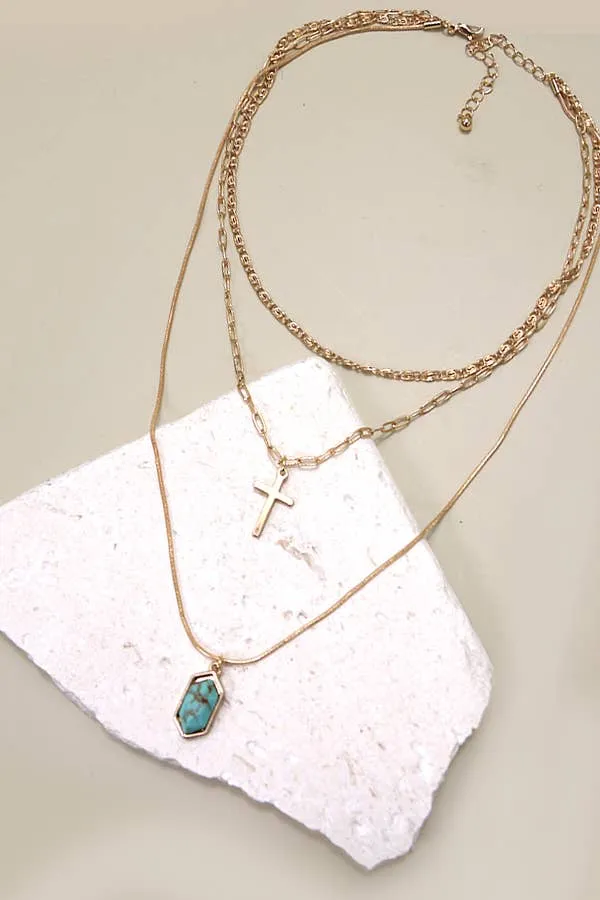 CROSS STONE  MULTI  LAYER CHAIN NECKLACE