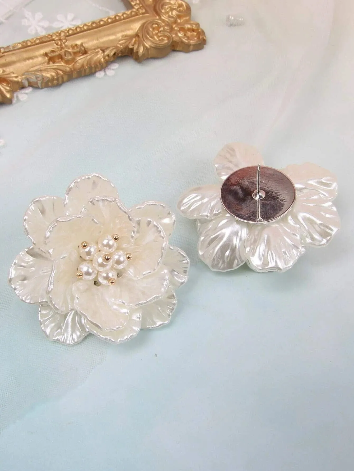 Floral Seashell Oversize Studs, Flowerhead Pearl Large Studs, Wedding Bridal Big Flower Earrings, Multi Layer Floral Studs
