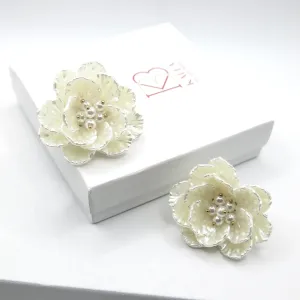 Floral Seashell Oversize Studs, Flowerhead Pearl Large Studs, Wedding Bridal Big Flower Earrings, Multi Layer Floral Studs