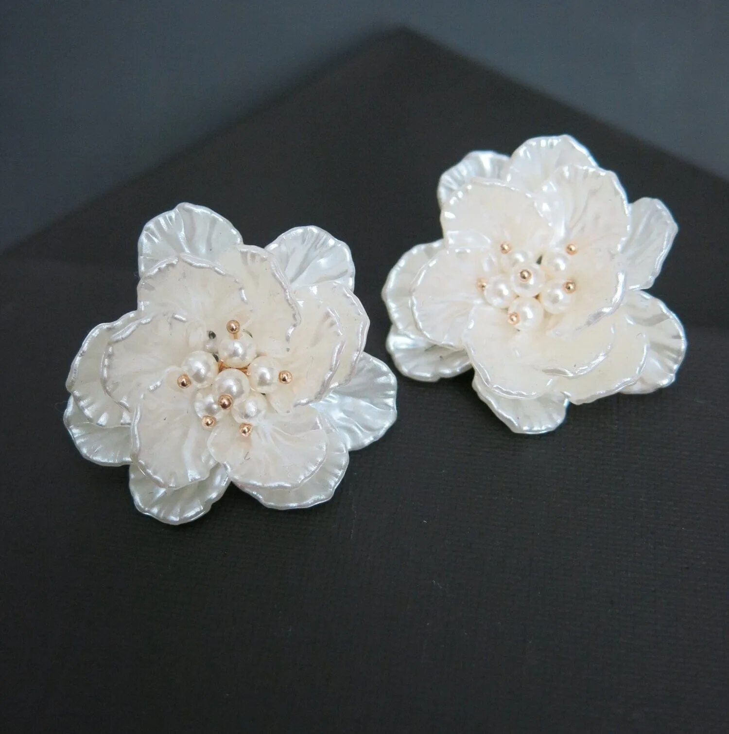 Floral Seashell Oversize Studs, Flowerhead Pearl Large Studs, Wedding Bridal Big Flower Earrings, Multi Layer Floral Studs