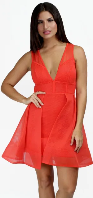 Genevieve Orange Fit & Flare Mesh Dress