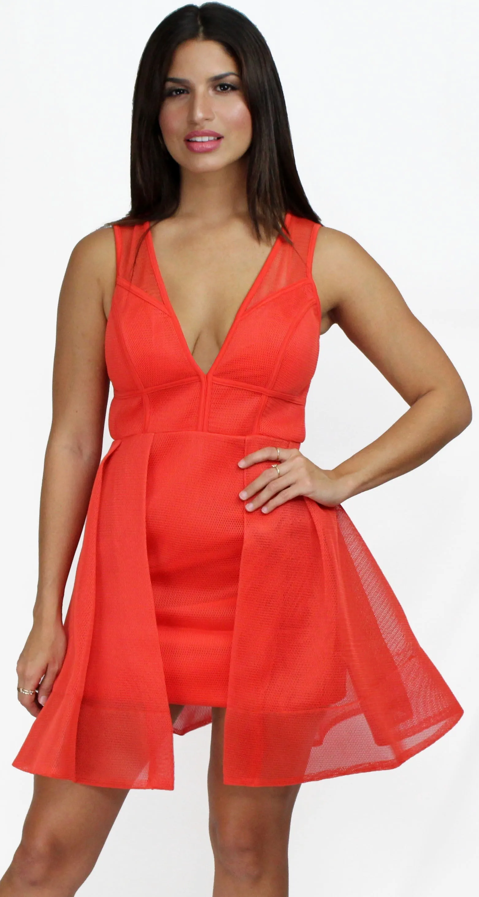 Genevieve Orange Fit & Flare Mesh Dress