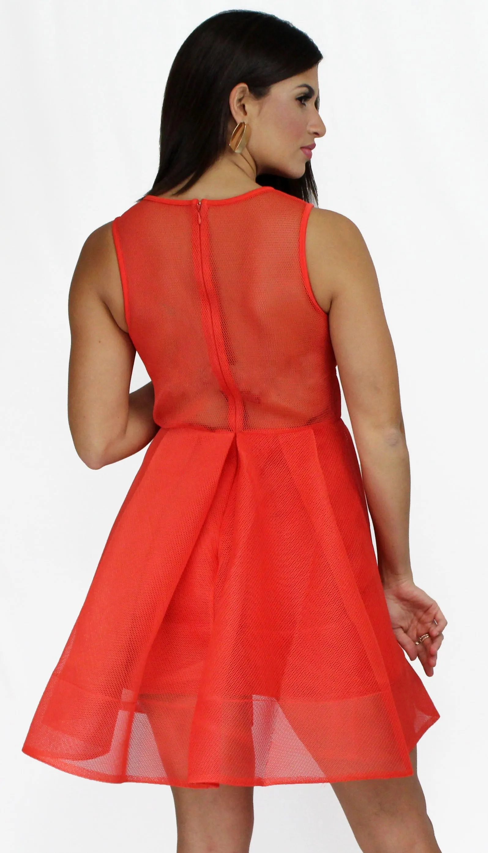 Genevieve Orange Fit & Flare Mesh Dress