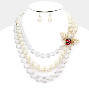 Honey Bee Triple Layered Pearl Necklace & Earrings