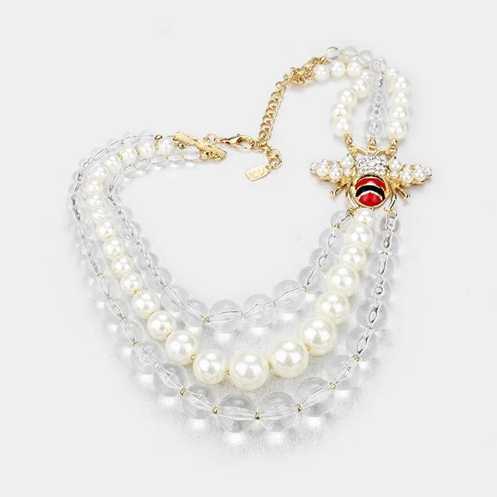 Honey Bee Triple Layered Pearl Necklace & Earrings