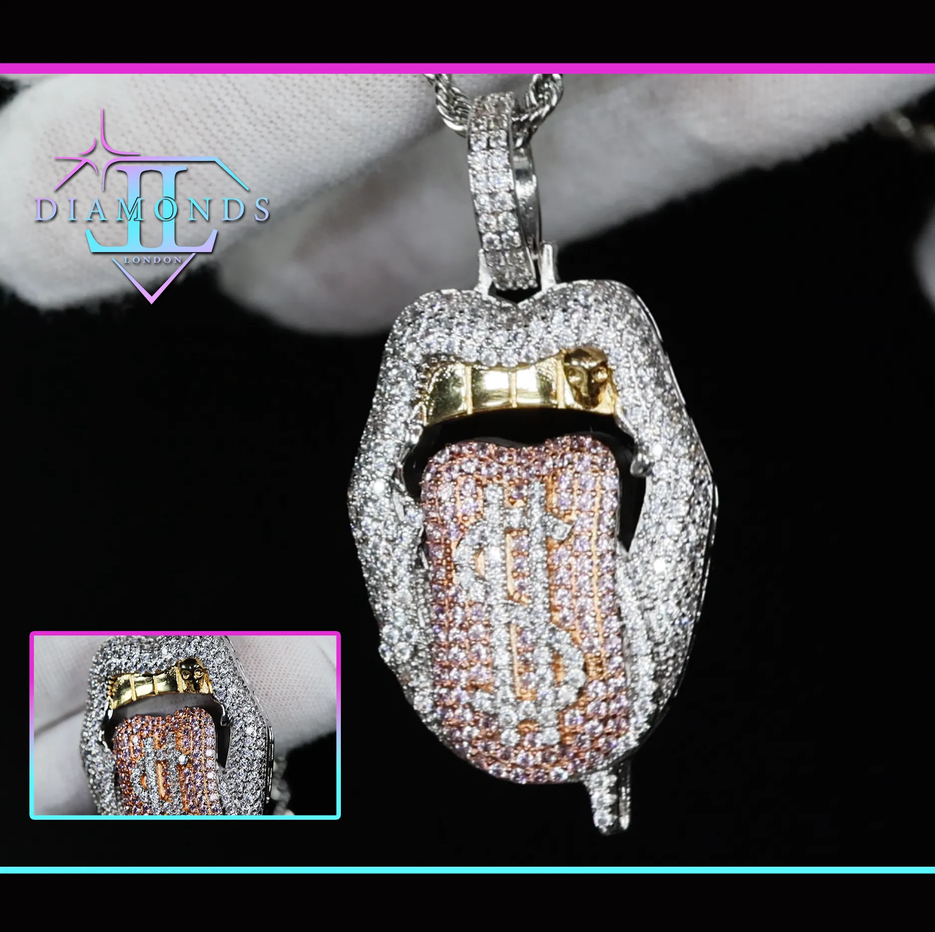 Iced Out Tongue Pendant | Baguette Pendant | Tongue Pendant | Hip hop Necklace | Iced Out Pendant