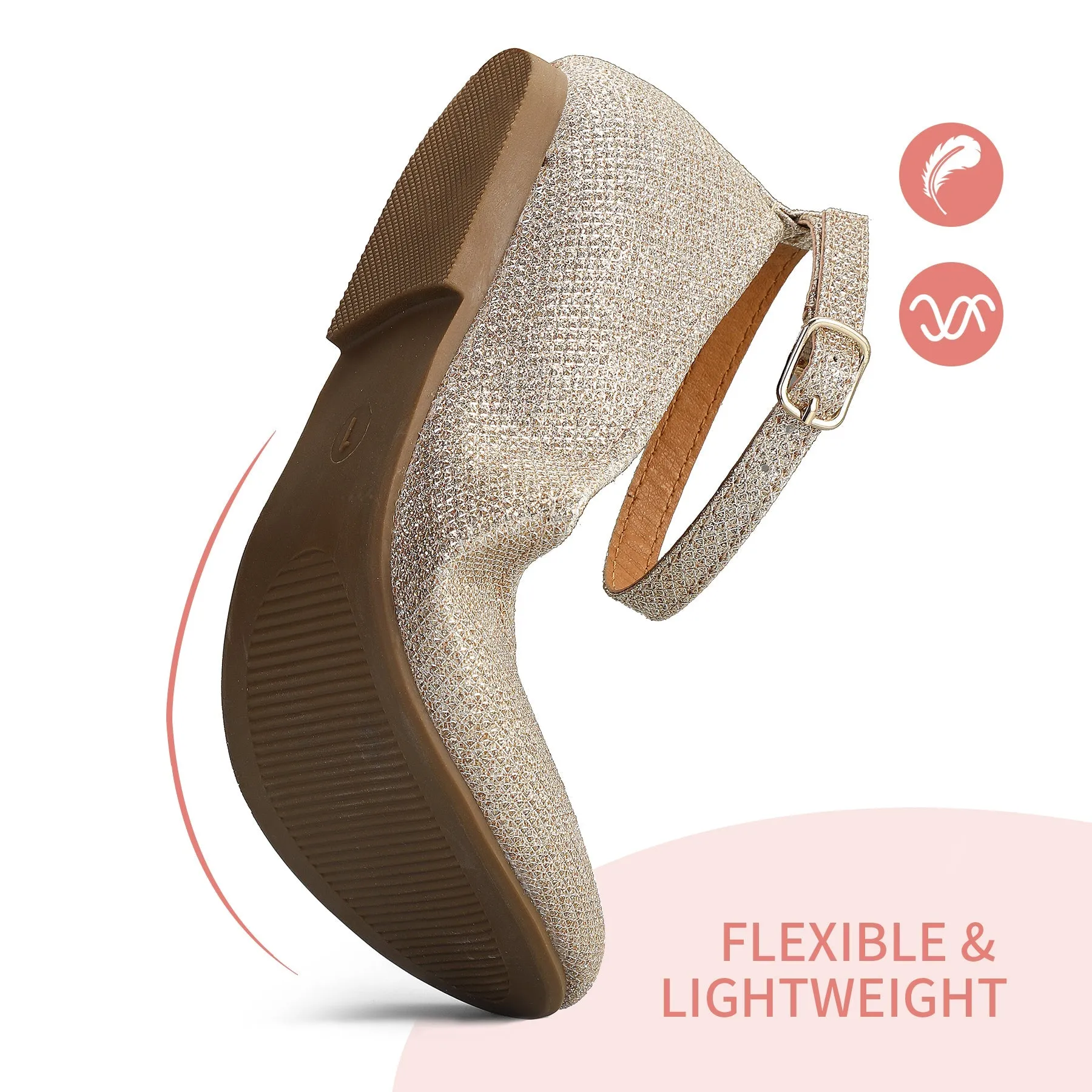 Kids Dress Shoes-Silver Glitter Ankle Strap Ballet Flats