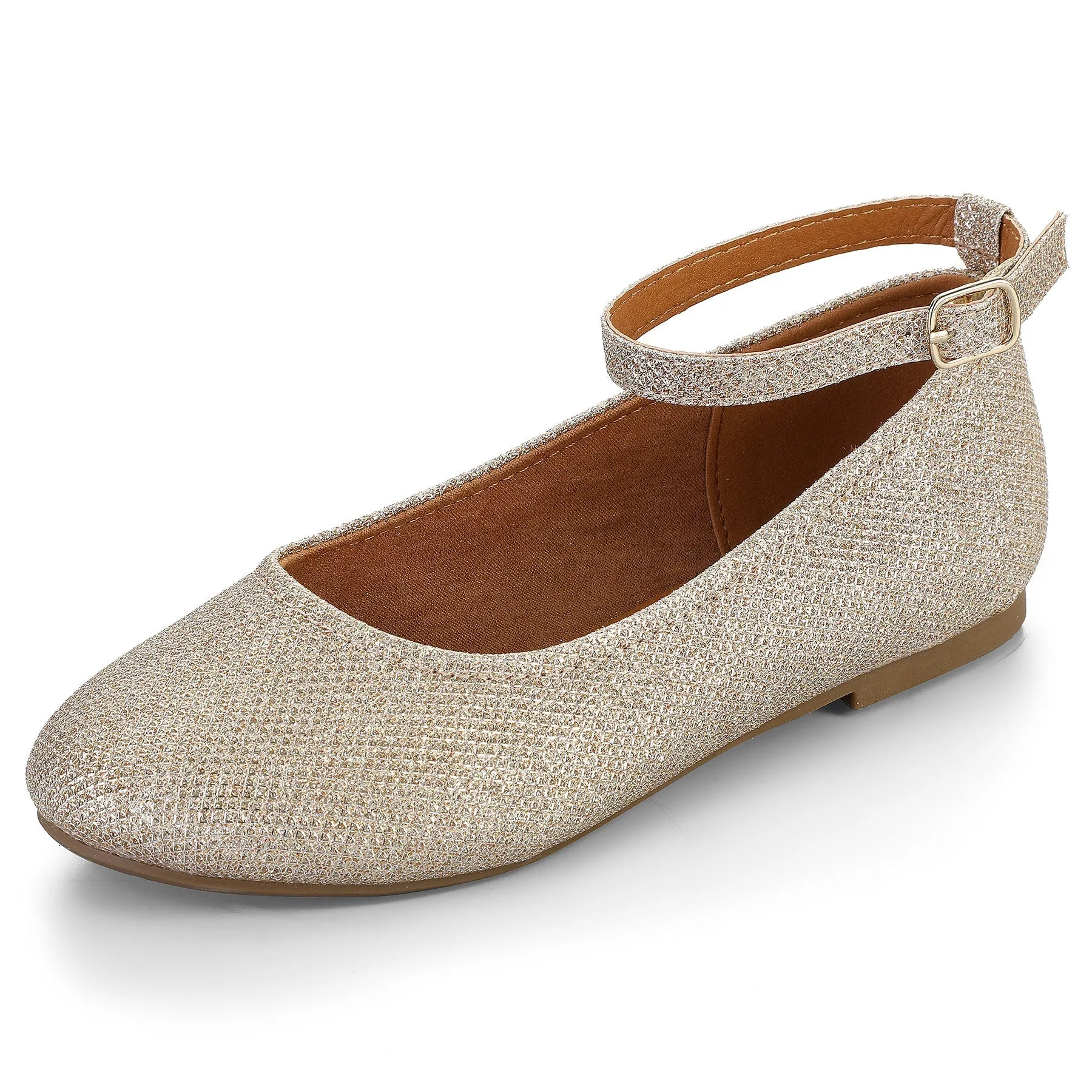 Kids Dress Shoes-Silver Glitter Ankle Strap Ballet Flats