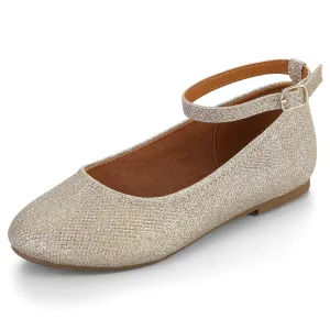Kids Dress Shoes-Silver Glitter Ankle Strap Ballet Flats