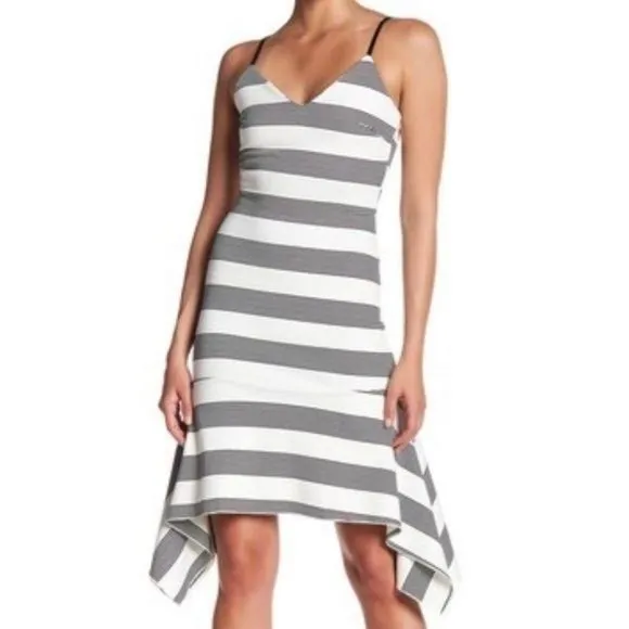 Line &amp; Dot Asymmetrical Hem Dress White Black Medium Womens Resport Vacation
