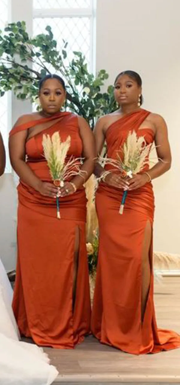 Mismatched One Shoulder Side Slit Mermaid Burnt Orange Satin Long Bridesmaid Dresses Online, BG745