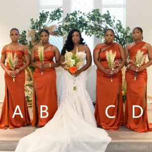 Mismatched One Shoulder Side Slit Mermaid Burnt Orange Satin Long Bridesmaid Dresses Online, BG745