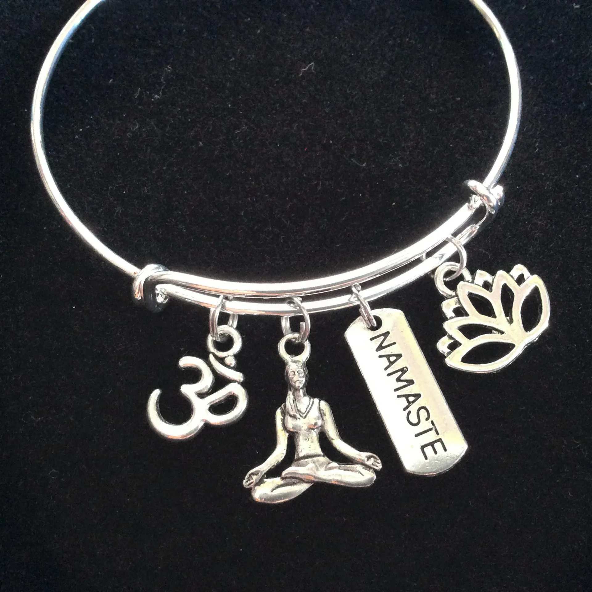 Namaste Lotus Om and Yoga Girl Charm Bracelet Adjustable Expandable Silver Wire Bangle Trendy Yoga Inspired Meaningful Inspirational