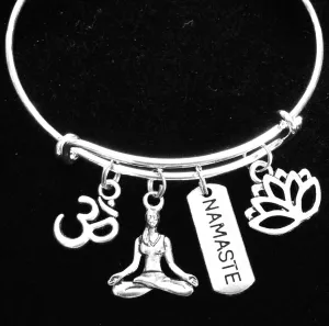 Namaste Lotus Om and Yoga Girl Charm Bracelet Adjustable Expandable Silver Wire Bangle Trendy Yoga Inspired Meaningful Inspirational