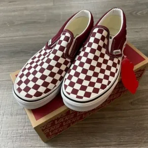 NIB Vans Checker Board Pomegranate Red Slip On Skate Shoe Sz 1 Little kid
