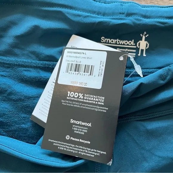 NWT Smartwool Large Twilight Blue Merino Wool Sport Lined Short SW016604G74