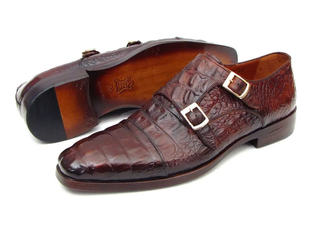 Paul Parkman Men's Croco-Embossed Leather Double Monkstraps in Brown & Bordeaux