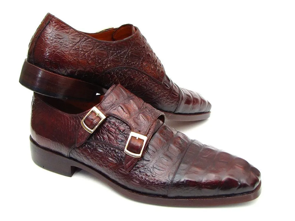 Paul Parkman Men's Croco-Embossed Leather Double Monkstraps in Brown & Bordeaux