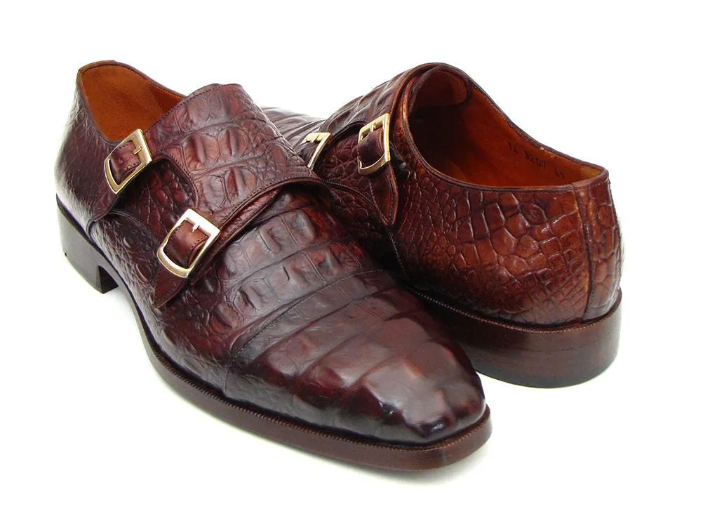 Paul Parkman Men's Croco-Embossed Leather Double Monkstraps in Brown & Bordeaux