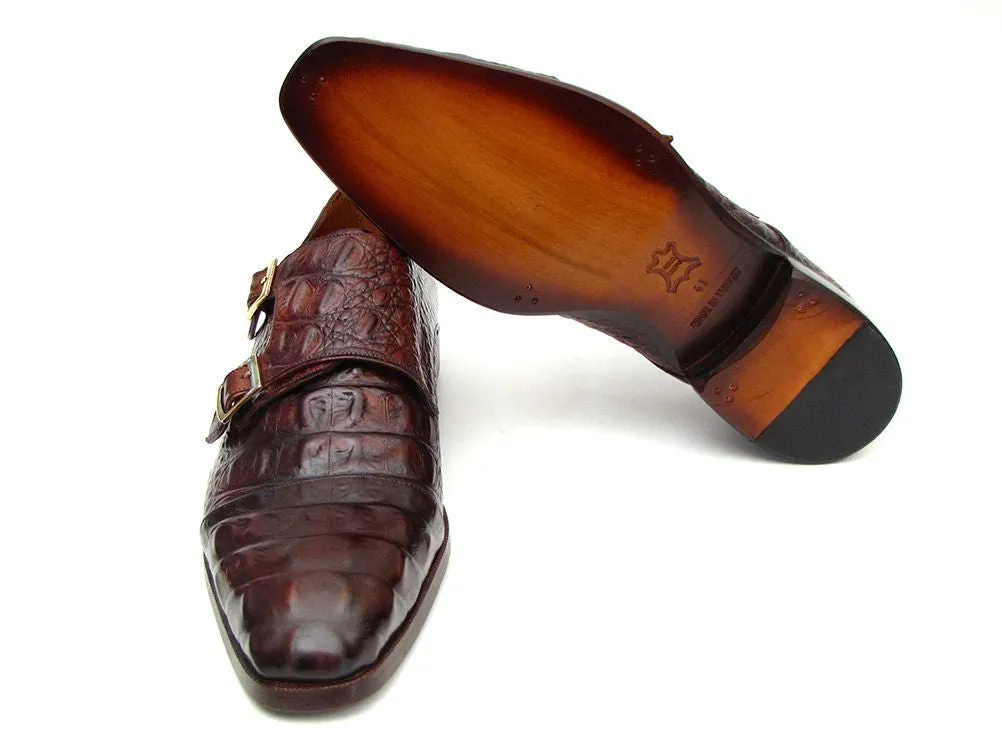 Paul Parkman Men's Croco-Embossed Leather Double Monkstraps in Brown & Bordeaux