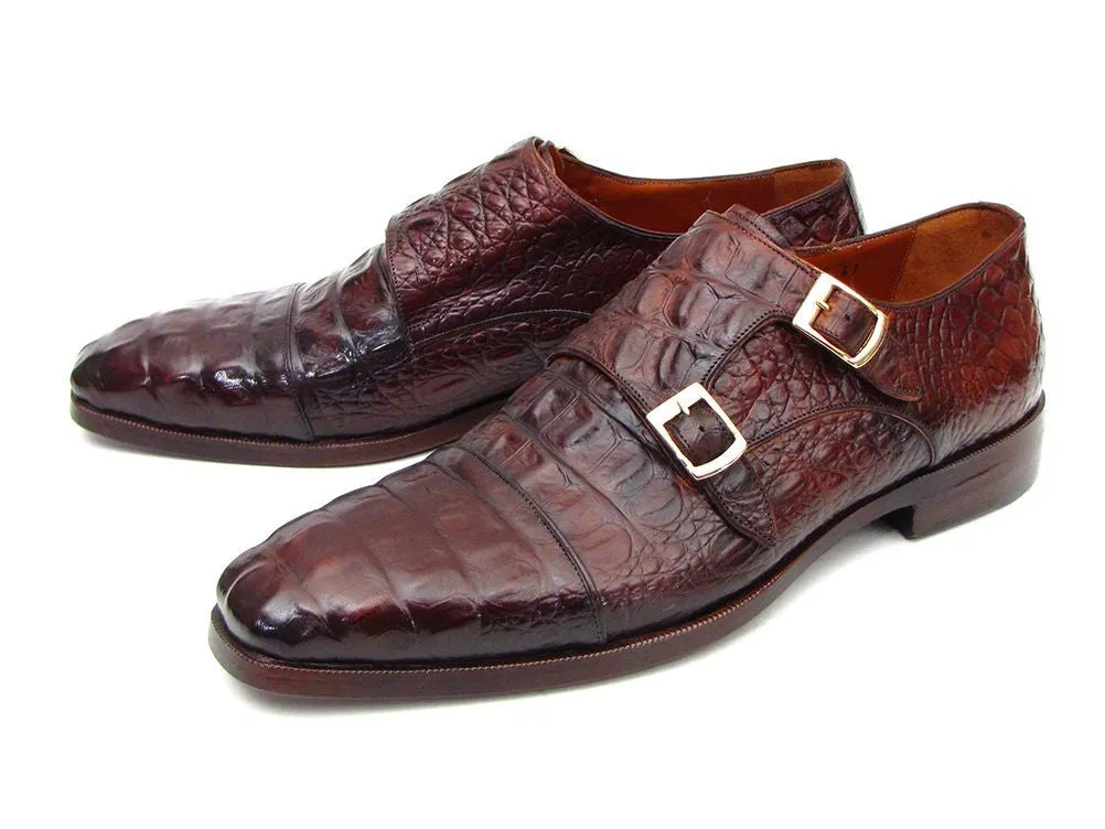 Paul Parkman Men's Croco-Embossed Leather Double Monkstraps in Brown & Bordeaux