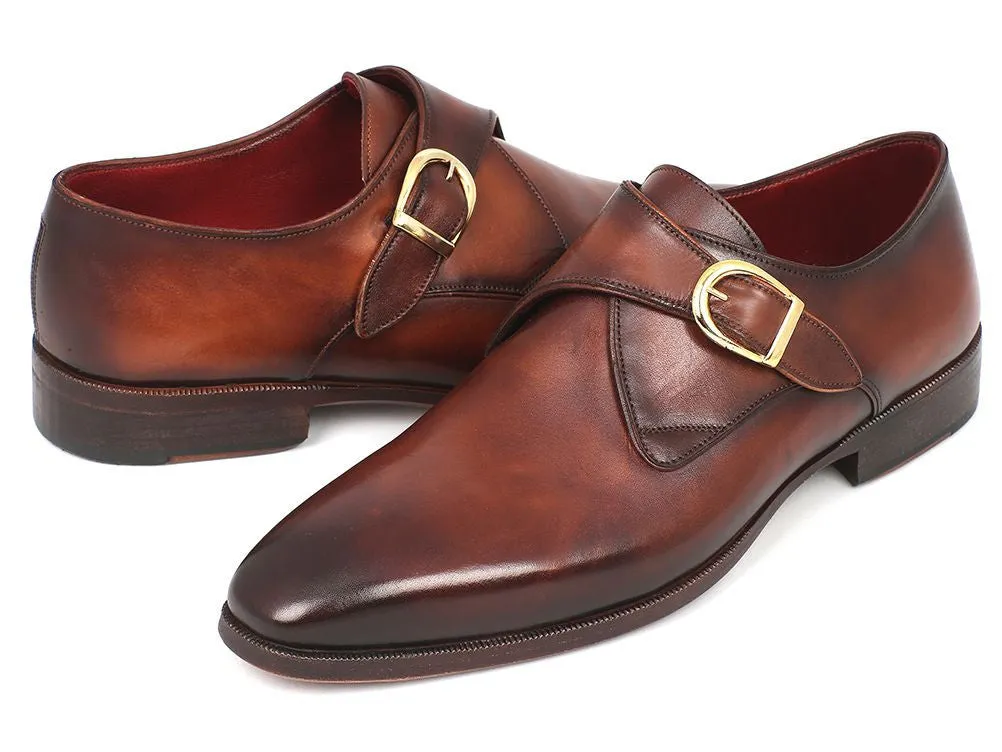 Paul Parkman Men's Hand-Painted Leather Monkstraps in Brown & Camel