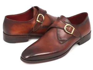 Paul Parkman Men's Hand-Painted Leather Monkstraps in Brown & Camel