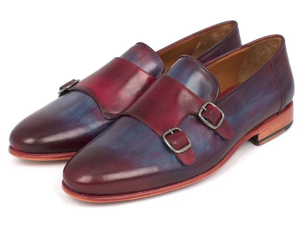 Paul Parkman Men's Leather Double Monkstraps in Bordeaux & Navy