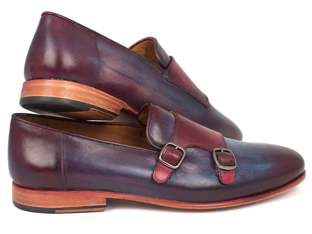 Paul Parkman Men's Leather Double Monkstraps in Bordeaux & Navy