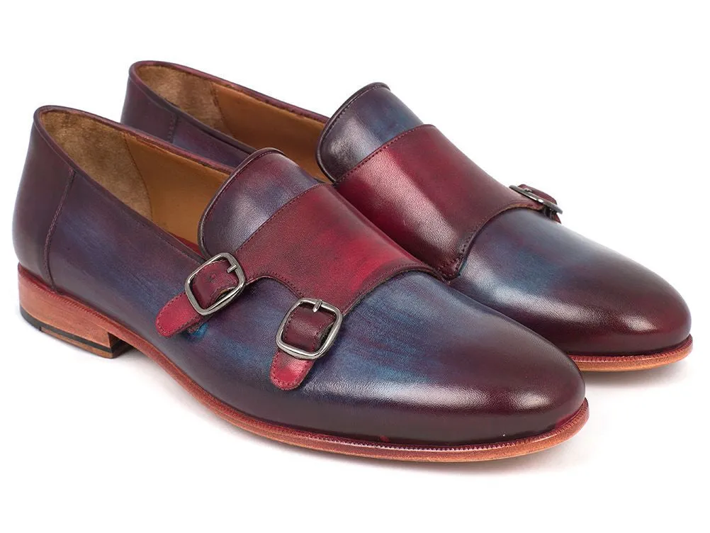Paul Parkman Men's Leather Double Monkstraps in Bordeaux & Navy