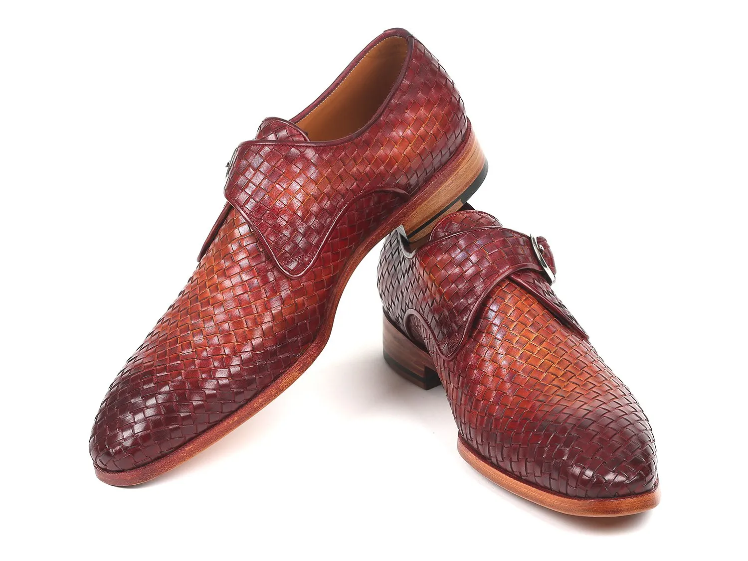 Paul Parkman Woven Leather Single Monkstraps in Reddish Brown