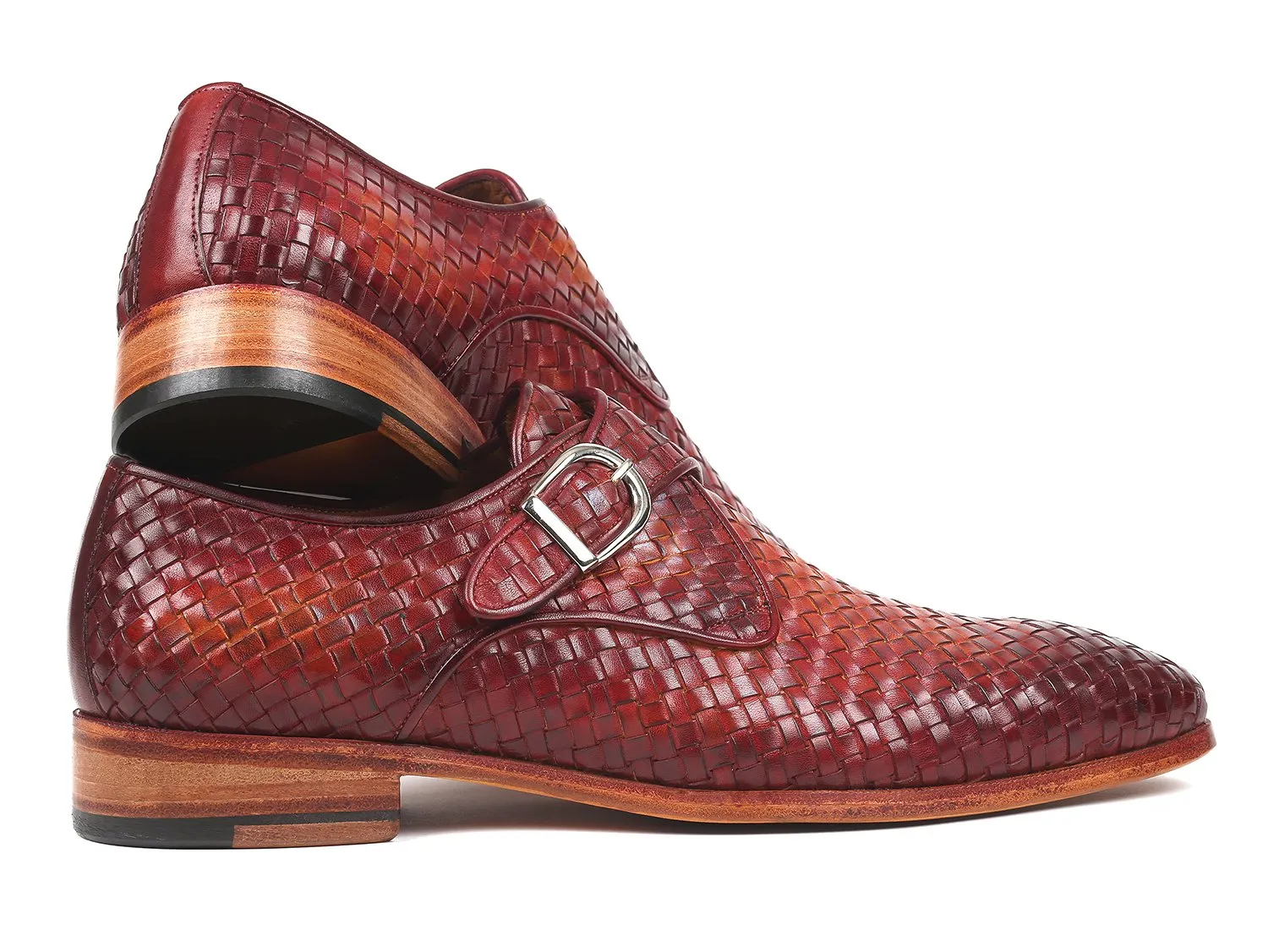 Paul Parkman Woven Leather Single Monkstraps in Reddish Brown