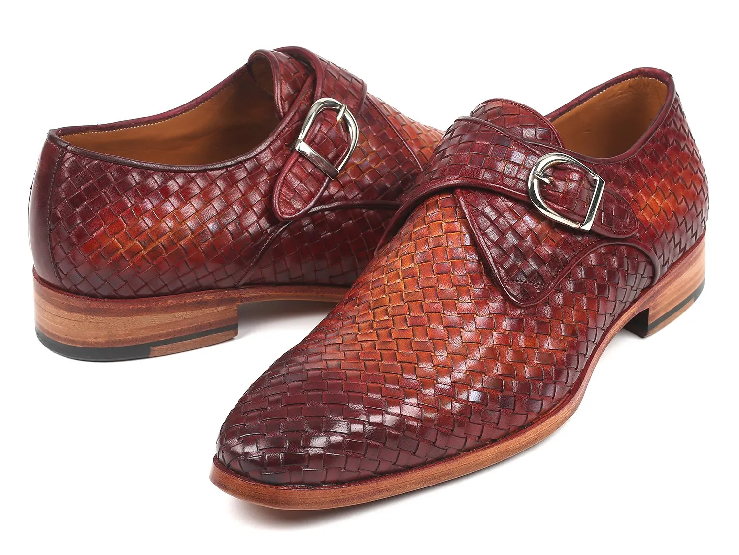 Paul Parkman Woven Leather Single Monkstraps in Reddish Brown