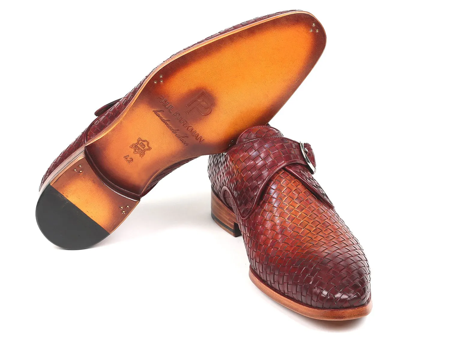 Paul Parkman Woven Leather Single Monkstraps in Reddish Brown