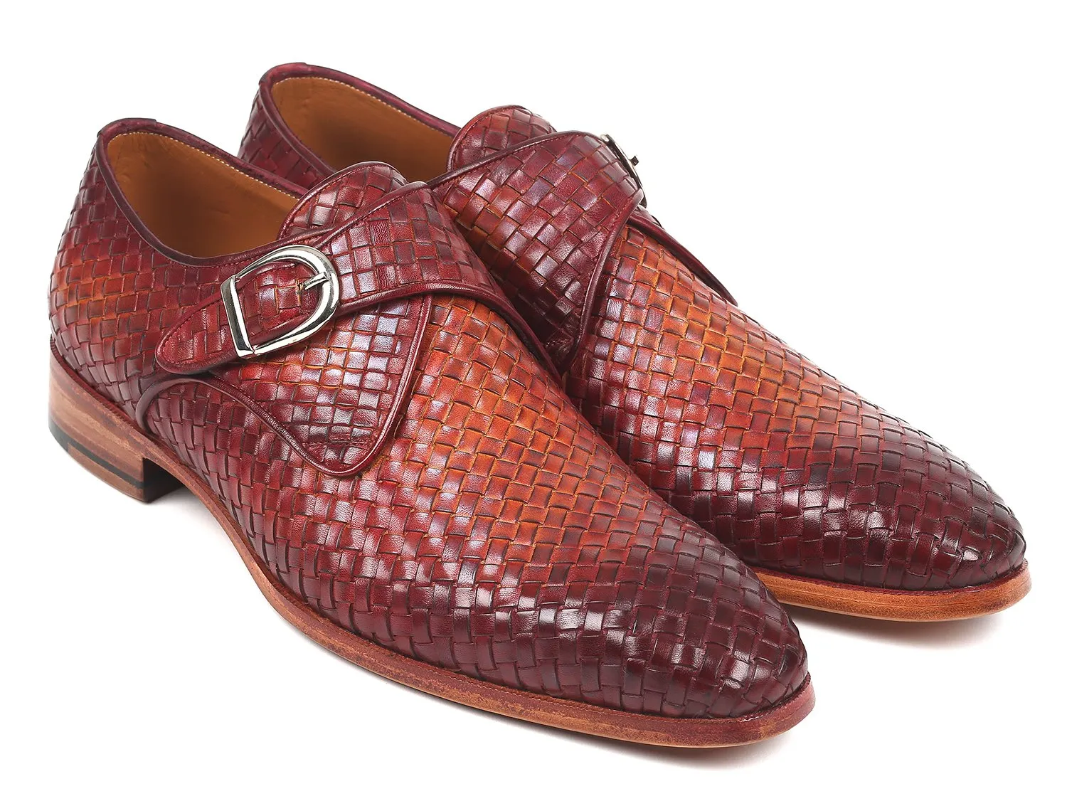 Paul Parkman Woven Leather Single Monkstraps in Reddish Brown