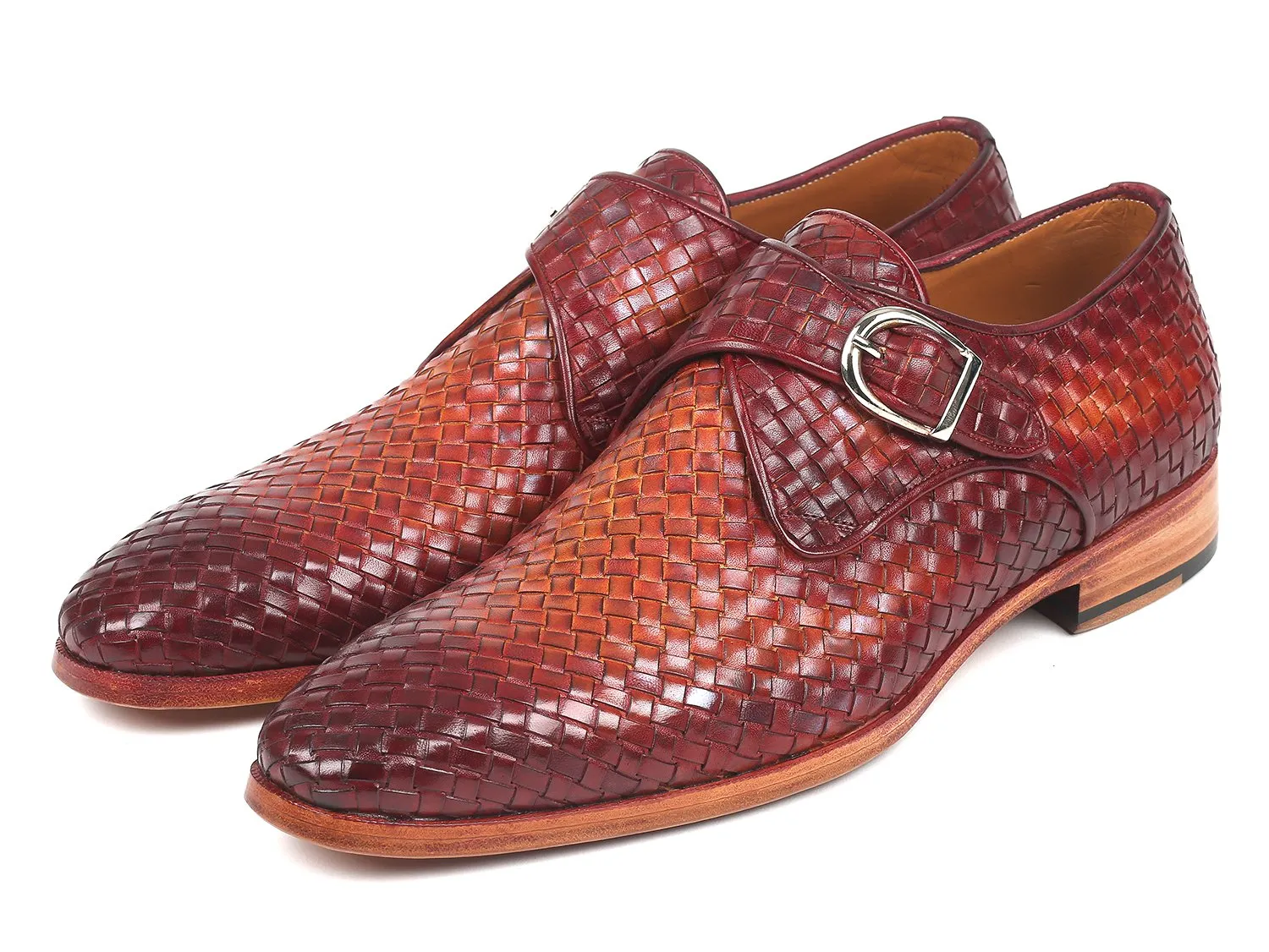 Paul Parkman Woven Leather Single Monkstraps in Reddish Brown
