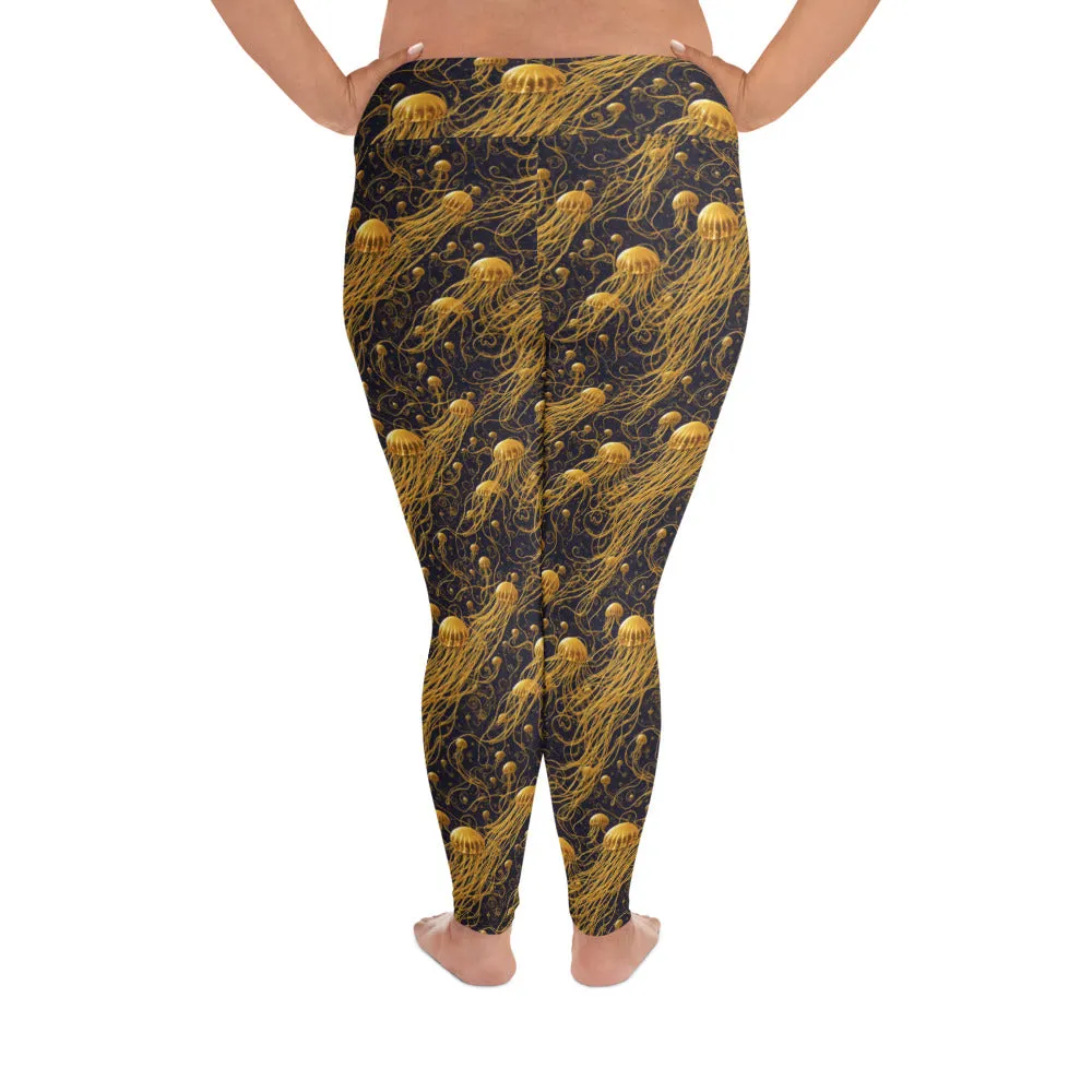 Plus Size Leggings - Black and Gold Jellyfishes