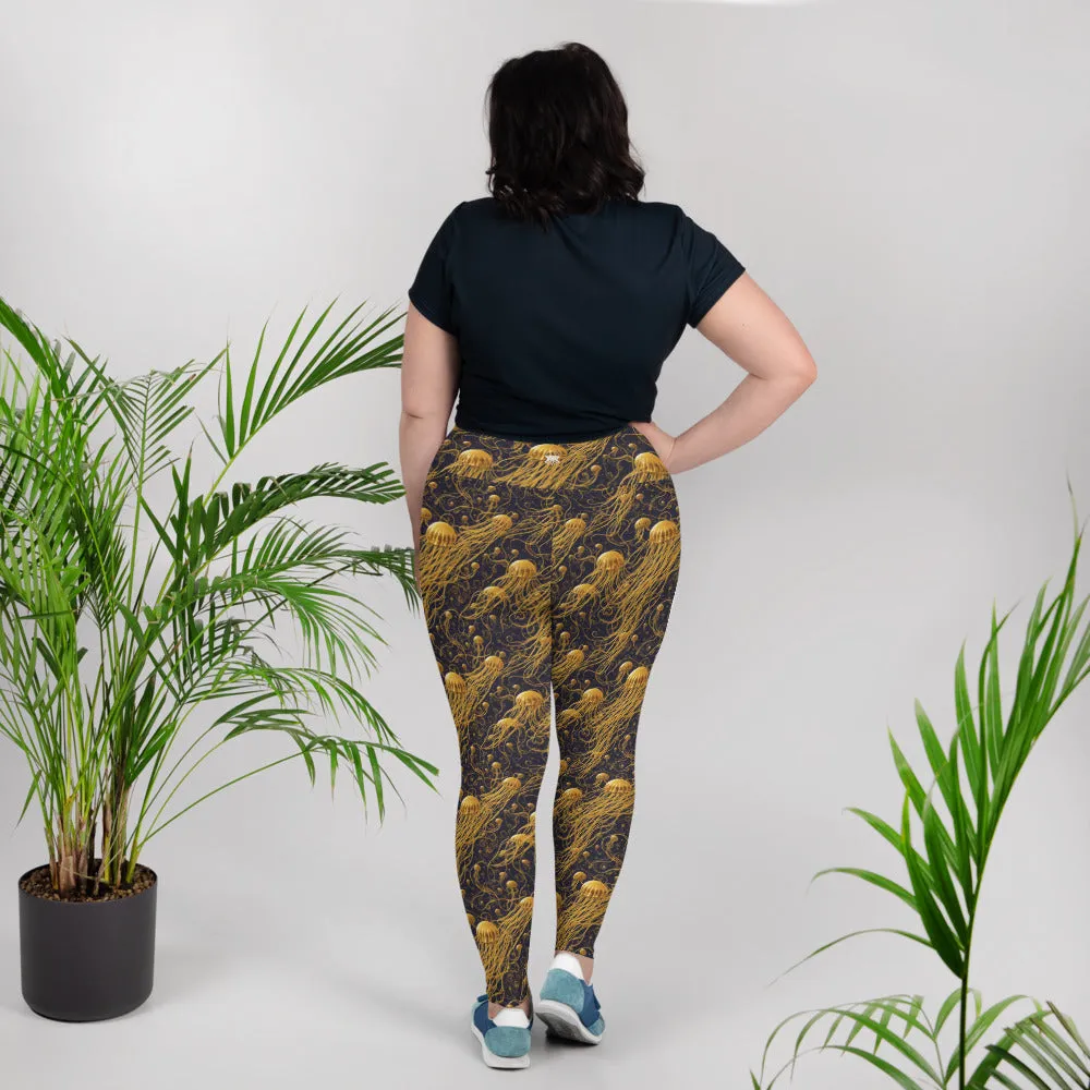 Plus Size Leggings - Black and Gold Jellyfishes