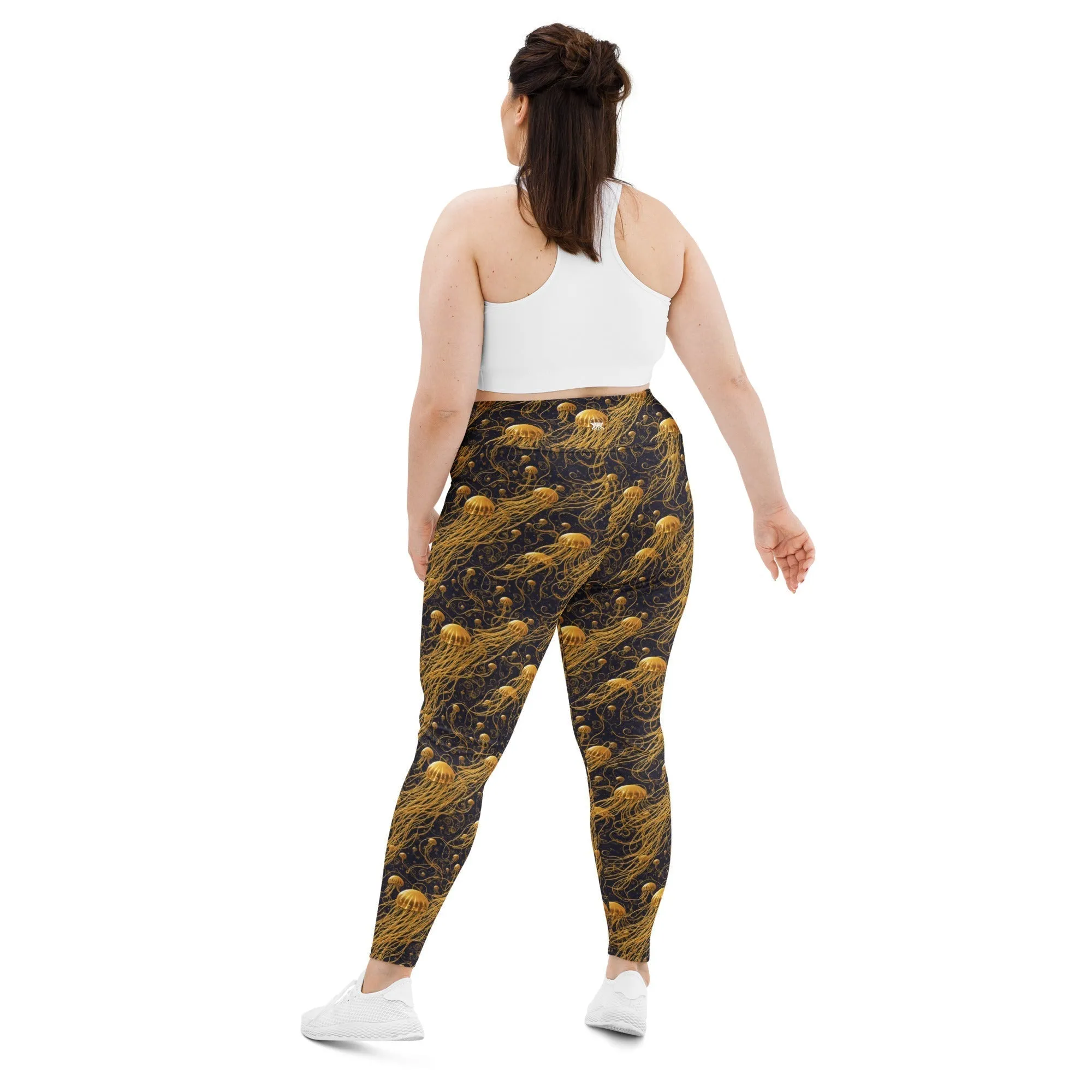Plus Size Leggings - Black and Gold Jellyfishes