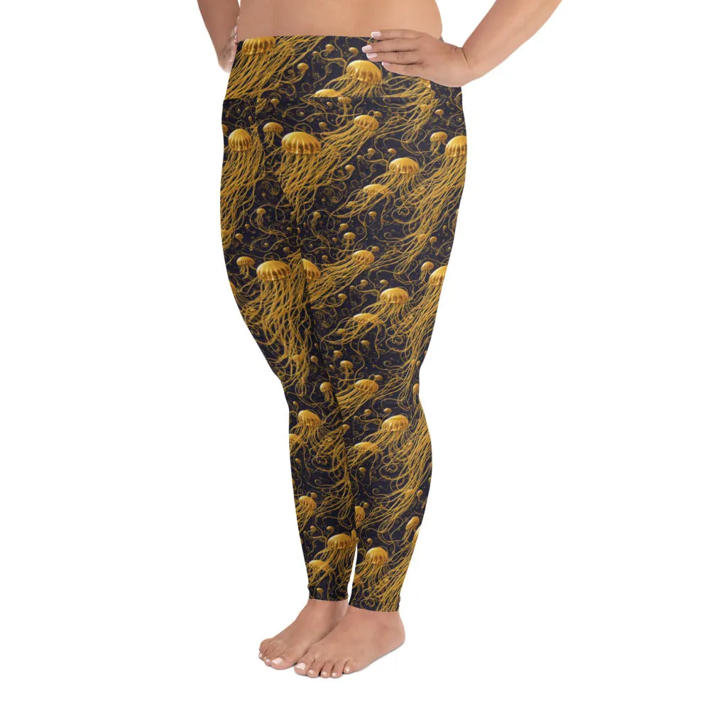 Plus Size Leggings - Black and Gold Jellyfishes