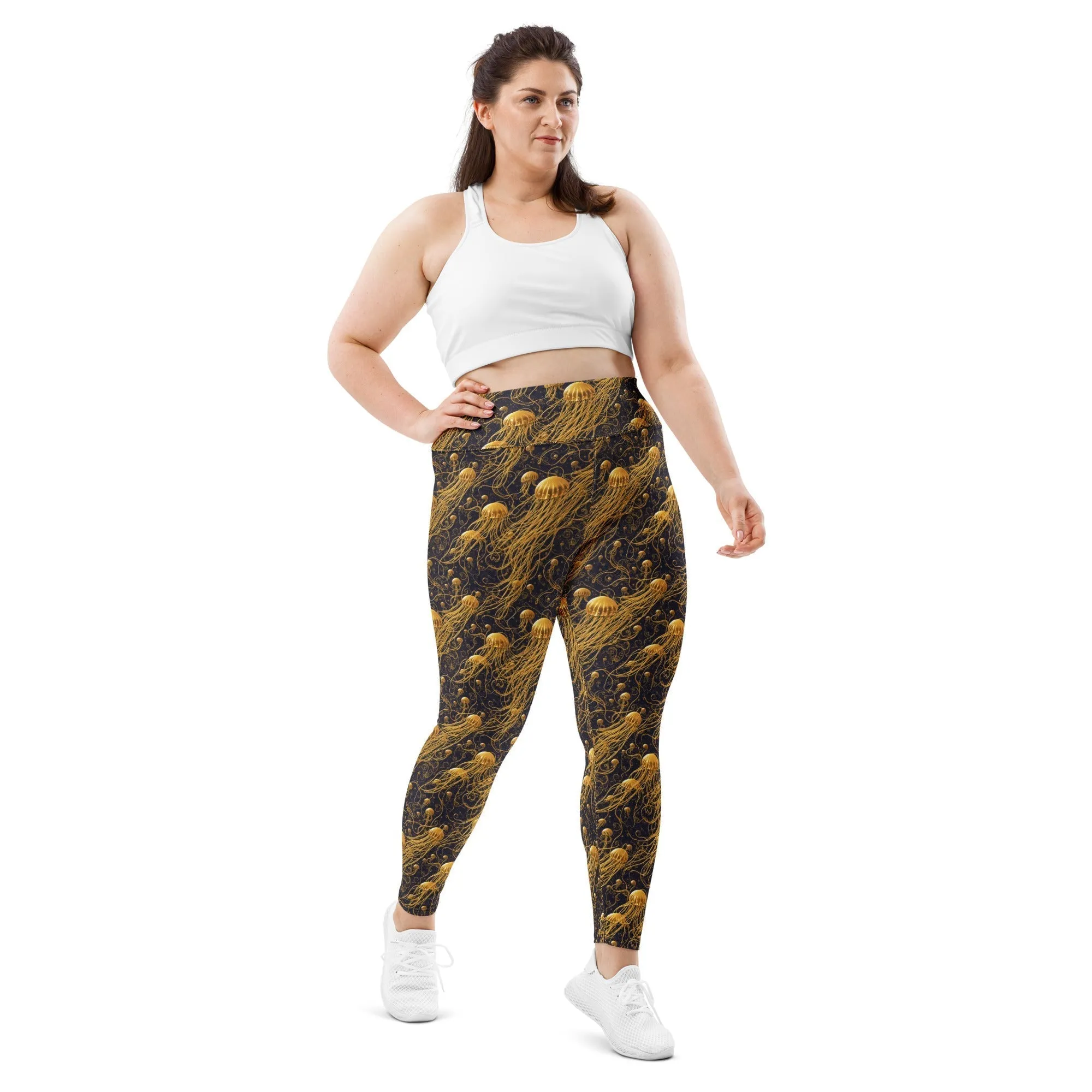 Plus Size Leggings - Black and Gold Jellyfishes